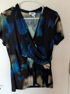 DKNY Black Blue and Olive Abstract Wrap-Front Short Sleeve Top